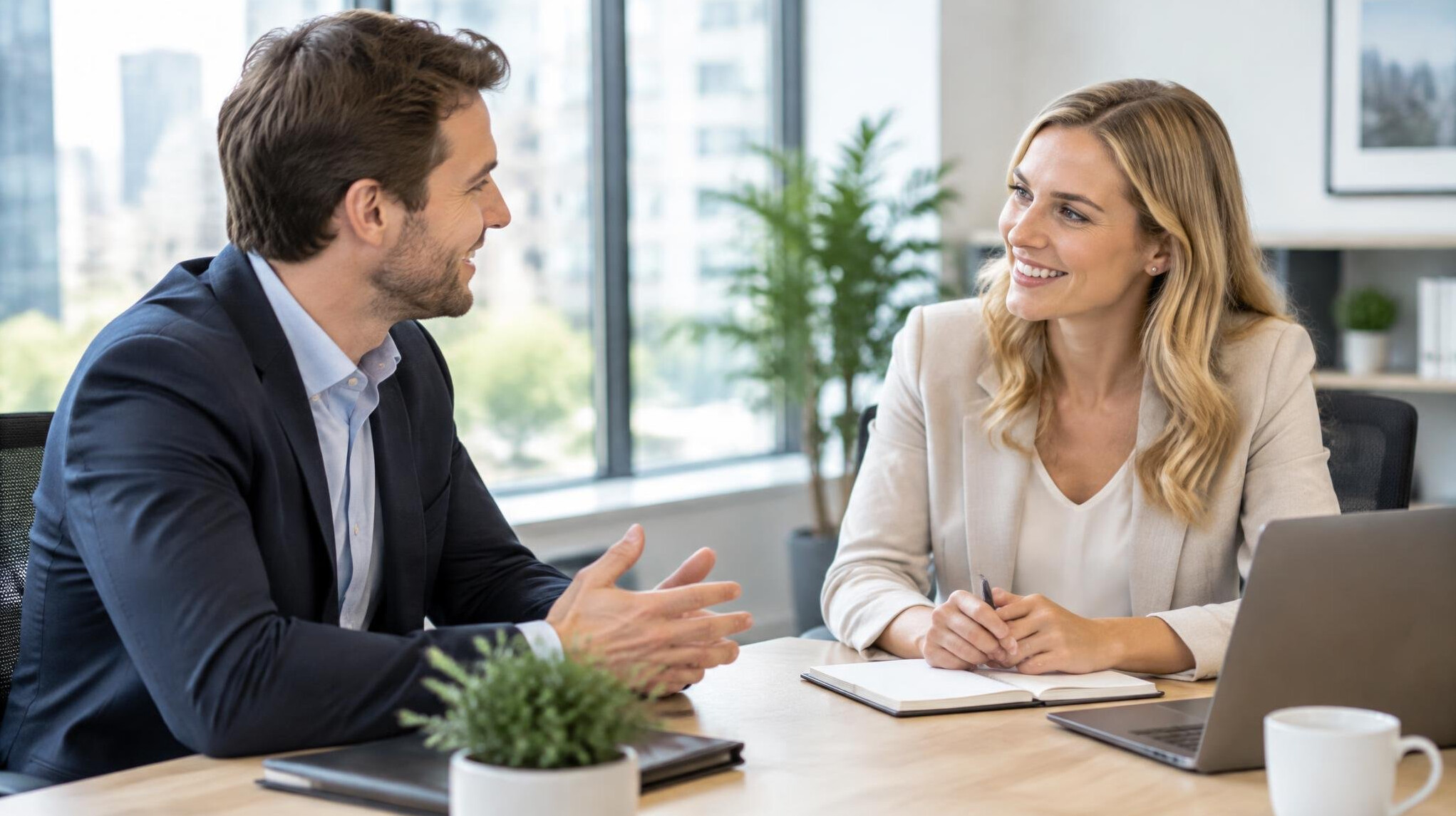 People having a conversation in a bright office