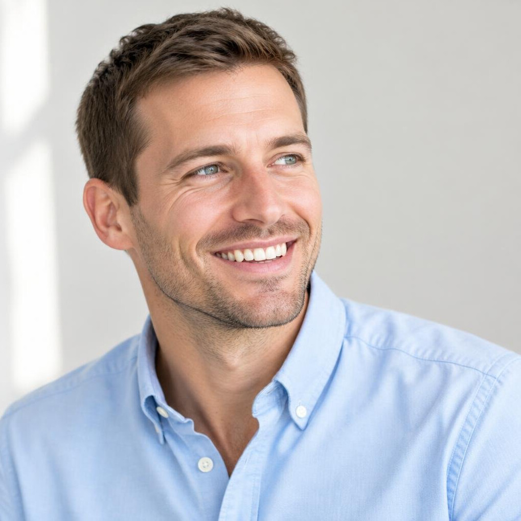 Smiling young man in a light shirt outdoors