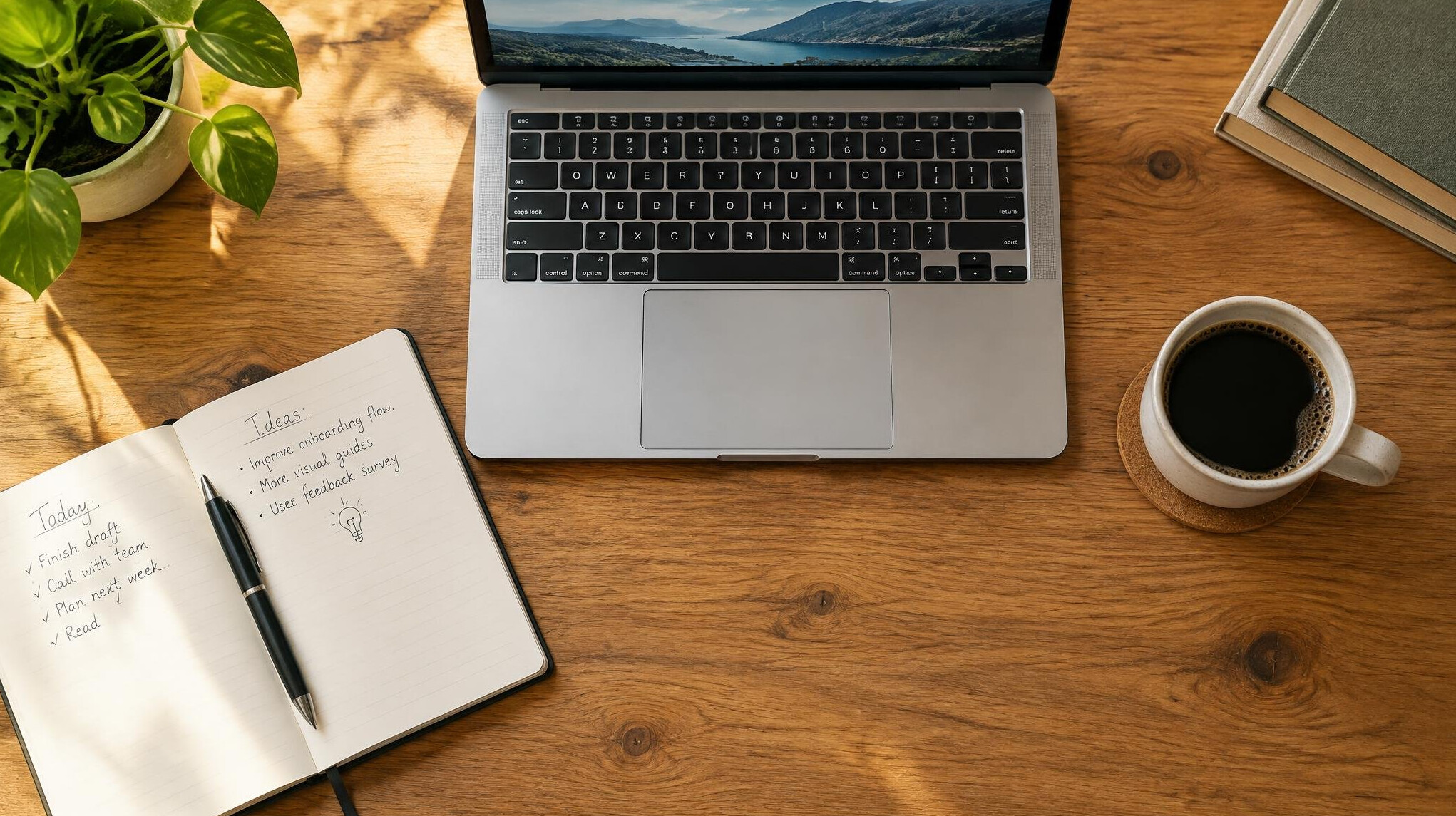 Desk seen from above with a laptop and a notebook